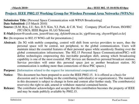 Project: IEEE P802.15 Working Group for Wireless Personal Area Networks (WPANs) Submission Title: [Personal Space Communication with WPAN Broadcasting]