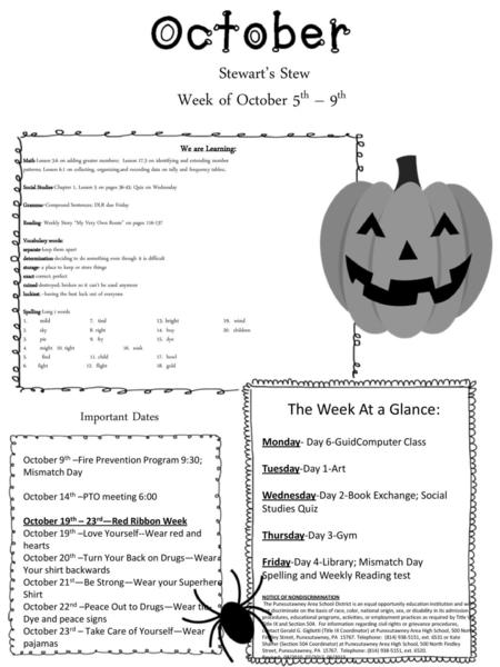 Stewart’s Stew Week of October 5th – 9th The Week At a Glance: