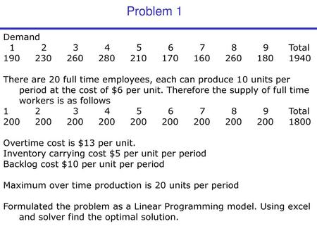 Problem 1 Demand 1		 2	 3	 4	 5	 6	 7	 8	 9	Total 190	230	260	280	210	170	160	260	180	1940 There are 20 full time employees, each can produce 10.