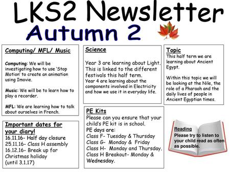 LKS2 Newsletter Autumn 2 Science Computing/ MFL/ Music Topic PE Kits