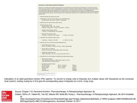 Calculation of an adult parenteral nutrition (PN) regimen