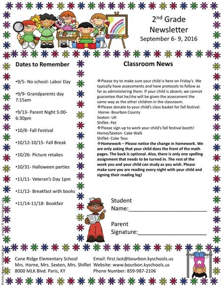 2nd Grade Newsletter Classroom News September 6- 9, 2016