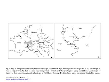 Fig. 1. Map of European countries (A) to show how to get to the French Alps. Rectangular box is magnified in (B). After flight to Paris (a long arrow in.