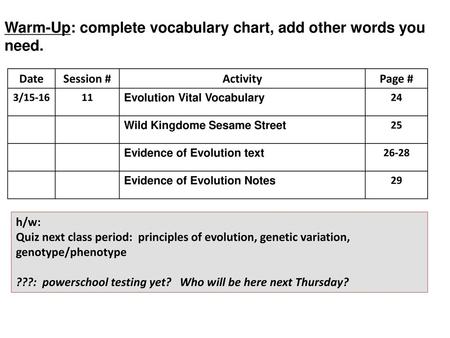 Warm-Up: complete vocabulary chart, add other words you need.