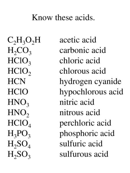 Know these acids. C2H3O2H		acetic acid H2CO3		carbonic acid