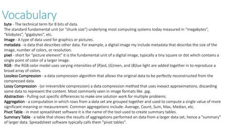 Vocabulary byte - The technical term for 8 bits of data.