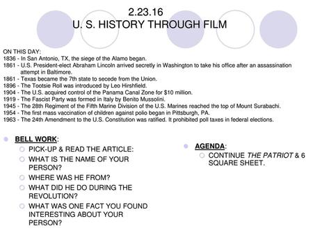 U. S. HISTORY THROUGH FILM