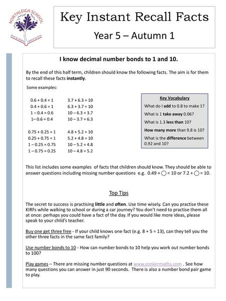 I know decimal number bonds to 1 and 10.