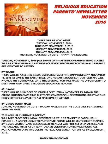 PARENTS’ NEWSLETTER NOVEMBER 2016 RELIGIOUS EDUCATION