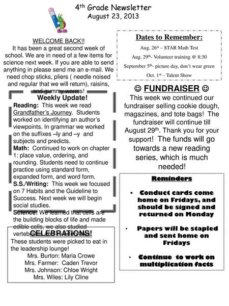 4th Grade Newsletter August 23, 2013