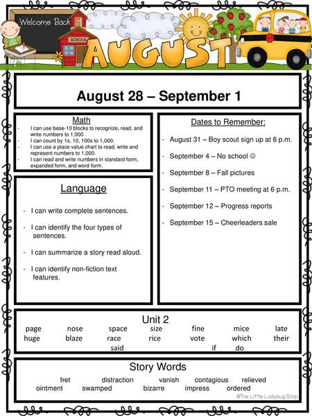 August 28 – September 1 Language Unit 2 Story Words Math