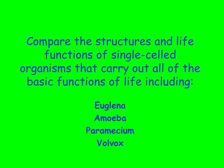 Compare the structures and life functions of single-celled organisms that carry out all of the basic functions of life including: Euglena Amoeba Paramecium.