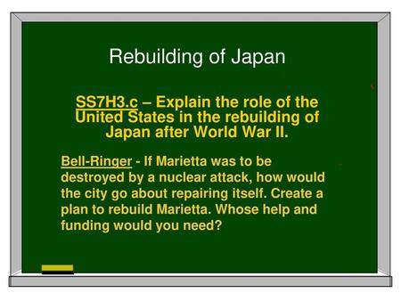 Rebuilding of Japan SS7H3.c – Explain the role of the United States in the rebuilding of Japan after World War II. Bell-Ringer - If Marietta was to be.