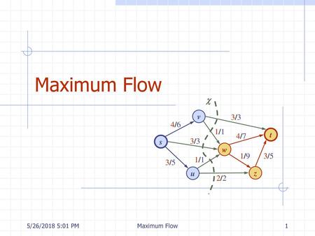 Maximum Flow c v 3/3 4/6 1/1 4/7 t s 3/3 w 1/9 3/5 1/1 3/5 u z 2/2