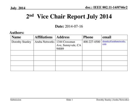 2nd Vice Chair Report July 2014