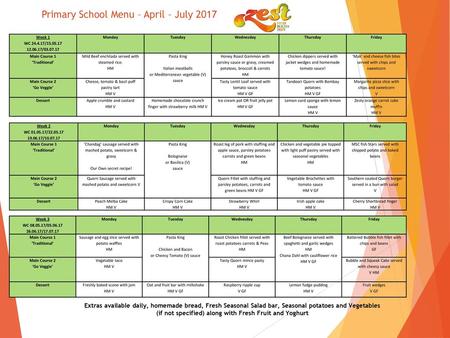 Primary School Menu – April – July 2017