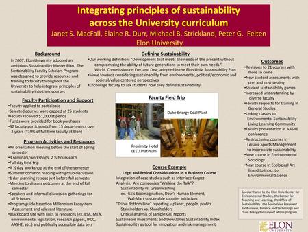 . Integrating principles of sustainability across the University curriculum Janet S. MacFall, Elaine R. Durr, Michael B. Strickland, Peter G. Felten.