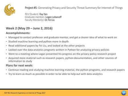 Project #5: Generating Privacy and Security Threat Summary for Internet of Things REU Student: Ray Yan Graduate mentors: Logan Lebanoff Faculty Mentor(s):