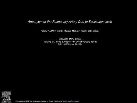 Aneurysm of the Pulmonary Artery Due to Schistosomiasis