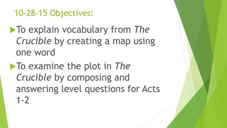 10-28-15 Objectives: To explain vocabulary from The Crucible by creating a map using one word To examine the plot in The Crucible by composing and.