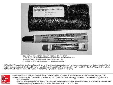 (A) The Mark I™ autoinjector, consisting of two antidotes to be used after exposures to a nerve or organophosphate agent in a disaster situation. The kit.