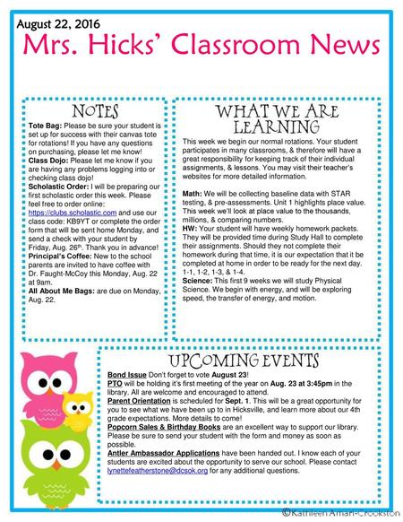 Mrs. Hicks’ Classroom News