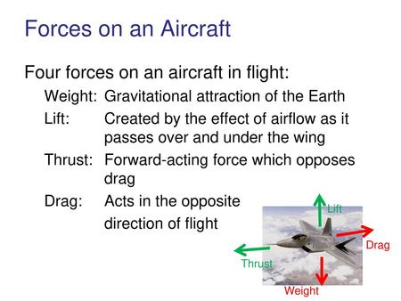 Forces on an Aircraft Four forces on an aircraft in flight: