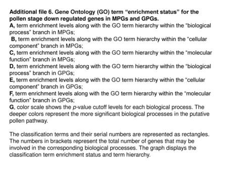 Additional file 6. Gene Ontology (GO) term “enrichment status” for the pollen stage down regulated genes in MPGs and GPGs. A, term enrichment levels along.