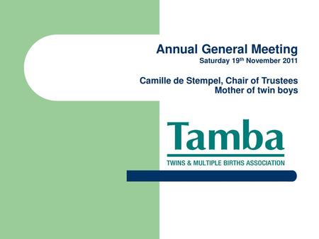 Annual General Meeting Saturday 19th November 2011 Camille de Stempel, Chair of Trustees Mother of twin boys.