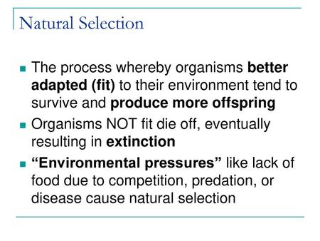 Natural Selection The process whereby organisms better adapted (fit) to their environment tend to survive and produce more offspring Organisms NOT fit.