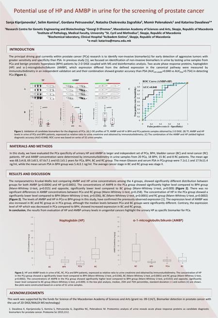 *e-mail: katarina@manu.edu.mk Potential use of HP and AMBP in urine for the screening of prostate cancer Sanja Kiprijanovska1, Selim Komina2, Gordana Petrusevska2,