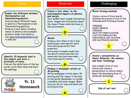 Yr. 11 Homework Simple Moderate Challenging