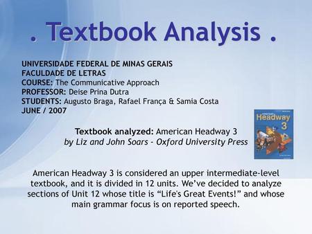 . Textbook Analysis . UNIVERSIDADE FEDERAL DE MINAS GERAIS