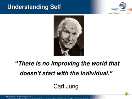 Understanding Self “There is no improving the world that doesn’t start with the individual.” Carl Jung Having a good understanding of your self, including.