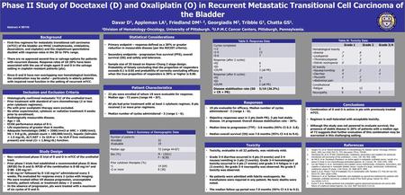 Phase II Study of Docetaxel (D) and Oxaliplatin (O) in Recurrent Metastatic Transitional Cell Carcinoma of the Bladder Davar D1, Appleman LA1, Friedland.