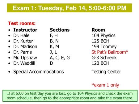 Exam 1: Tuesday, Feb 14, 5:00-6:00 PM