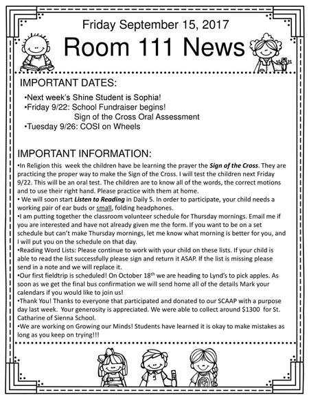 Room 111 News Friday September 15, 2017 Important dates: