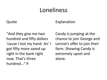 Loneliness Quote And they give me two hundred and fifty dollars 'cause I lost my hand. An' I got fifty more saved up right in the bank right now. That's.