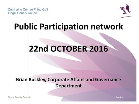 Public Participation network 22nd OCTOBER 2016 Brian Buckley, Corporate Affairs and Governance Department.