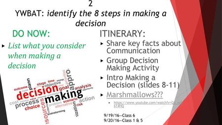 2 YWBAT: identify the 8 steps in making a decision