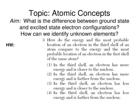 Topic: Atomic Concepts Aim: What is the difference between ground state and excited state electron configurations? How can we identify unknown elements?