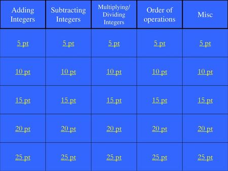 Adding Integers Subtracting Integers Order of operations Misc 5 pt