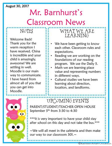 Mr. Barnhurst’s Classroom News August 30, 2017