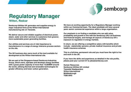 Regulatory Manager Wilton, Redcar