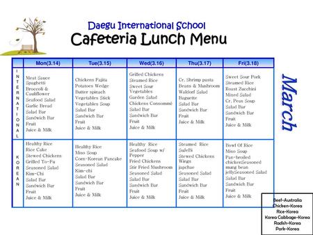 Daegu International School Cafeteria Lunch Menu