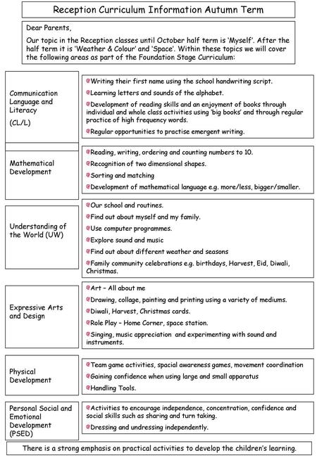 Reception Curriculum Information Autumn Term