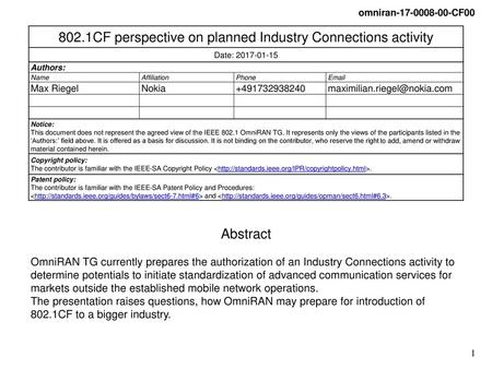 802.1CF perspective on planned Industry Connections activity