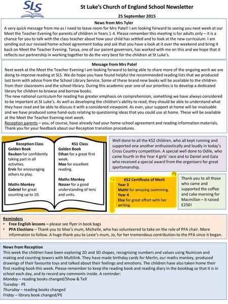 St Luke’s Church of England School Newsletter 25 September 2015