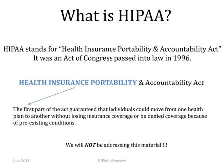 What is HIPAA? HIPAA stands for “Health Insurance Portability & Accountability Act” It was an Act of Congress passed into law in 1996. HEALTH INSURANCE.