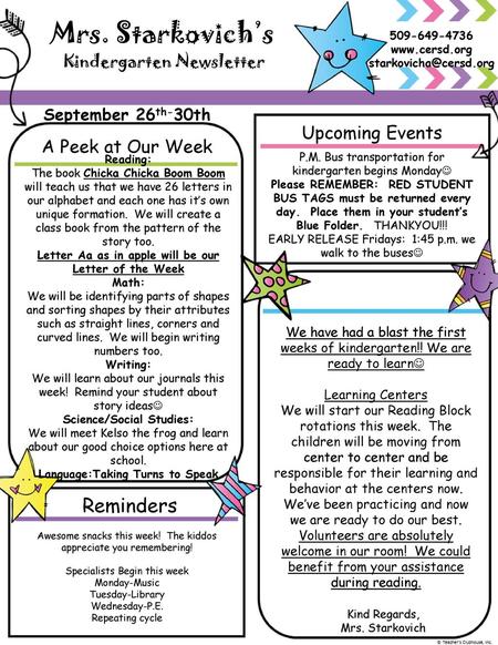 Mrs. Starkovich’s Reminders Upcoming Events A Peek at Our Week